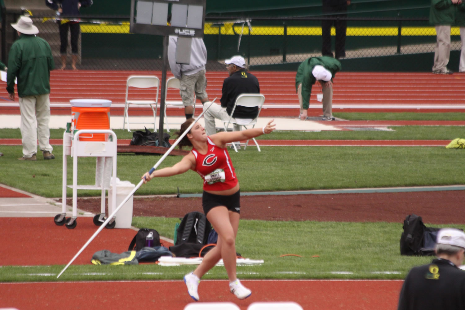 Amber Corbett tosses the javelin during the Oregon Relays, at Hayward Field in Eugene.