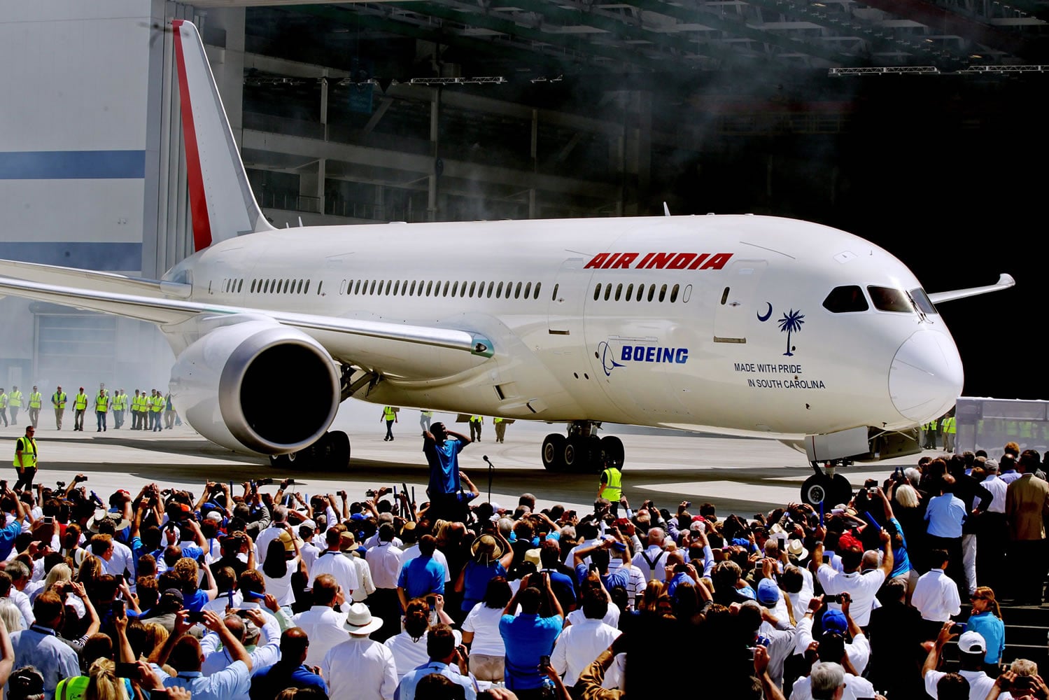 A Boeing 787 Dreamliner is rolled out Friday at the company's assembly plant in North Charleston, S.C.