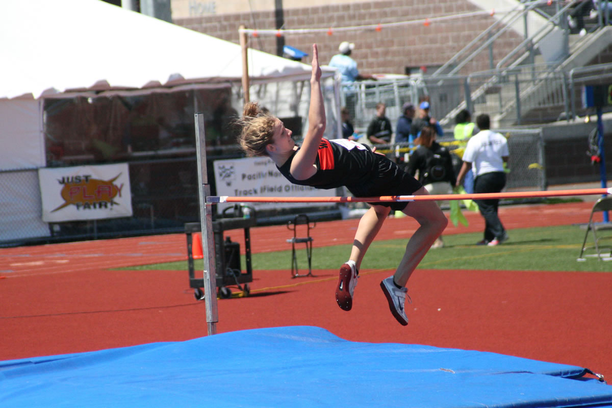 Katie Wright clears the high jump bar set at 5 feet, 3 inches for third place at the 2A state track and field championships Friday, at Mt.