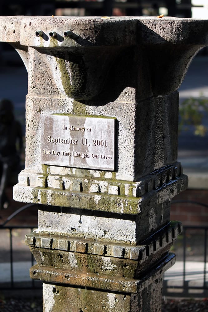 A fountain in downtown Camas includes a plaque in memory of the terrorist attacks of Sept.