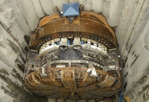 The inner workings of the cutting head of Bertha, the massive tunnel-boring machine, are shown. The state has refused to allow the machine to go back to work until safety issues regarding a sinkhole are addressed to its satisfaction.