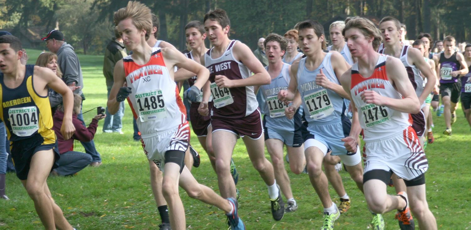 Washougal Panthers Isaac Stinchfield (left) and Sean Eustis (right) get off to a fast start in the 2A boys district cross country race Saturday.
