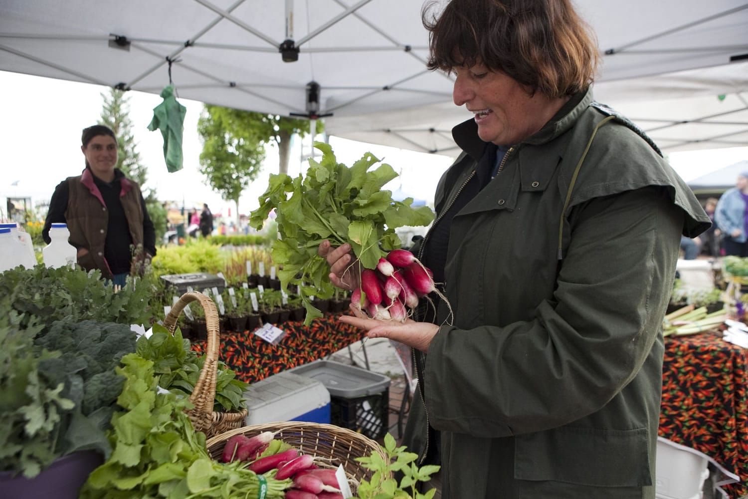 Anne Mari De Boever looked through the fresh vegetables offered for sale by Yacolt Mountain Farm and Nurseries, run by Caroline Swansey (in back) at the Harvest Days Celebration in Battle Ground Village last July.