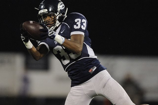 Jabari Marshall, 33, of Skyview High School intercepts a pass in a game against Issaquah High School at Kiggins Bowl Friday November 4, 2011 in Vancouver, Washington.