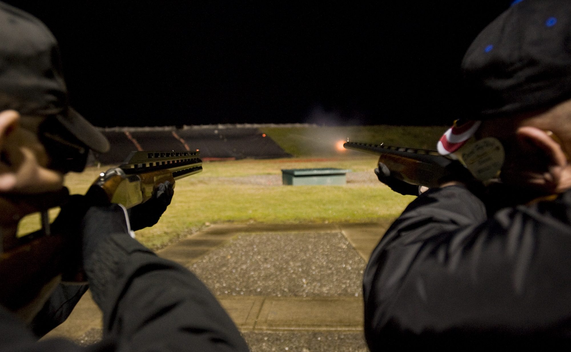 Mike Green, left, and Mike Williams shoot at the Vancouver Trap and Gun Club on Wednesday.