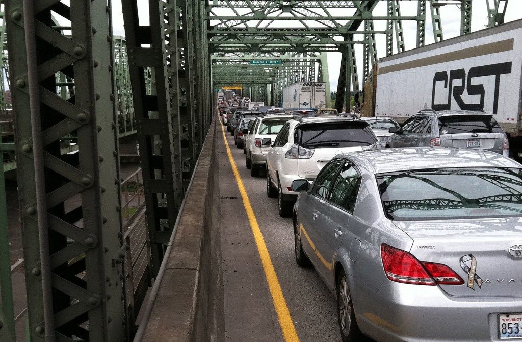 Northbound motorists bide their time during a bridge lift on the Interstate 5 Bridge.