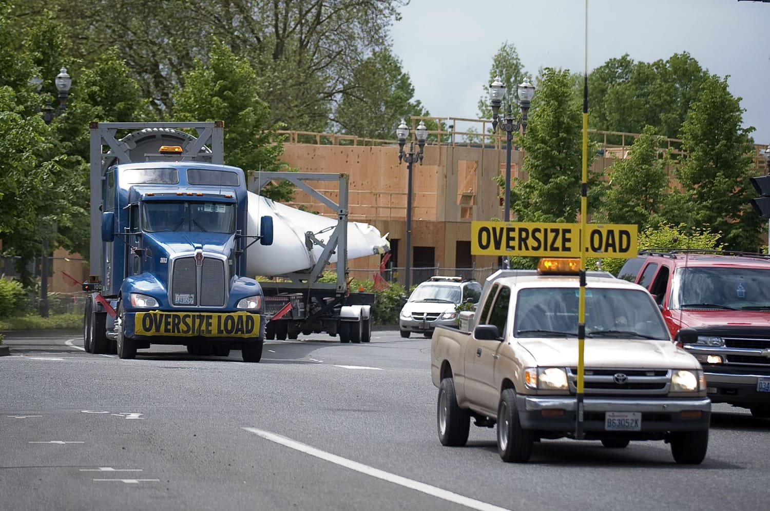A truck hauling wind energy components rolls east bound on West Mill Plain Boulevard on Wednesday.