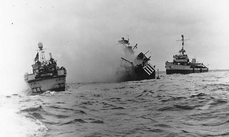 The USS Tide sinks off Utah Beach after striking a mine during the Normandy invasion on June 7, 1944.