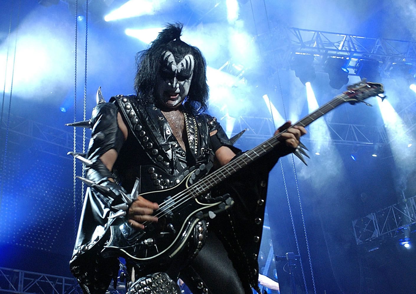 Kiss' Gene Simmons performs in August 2003 at the Tweeter Center in Mansfield, Mass.