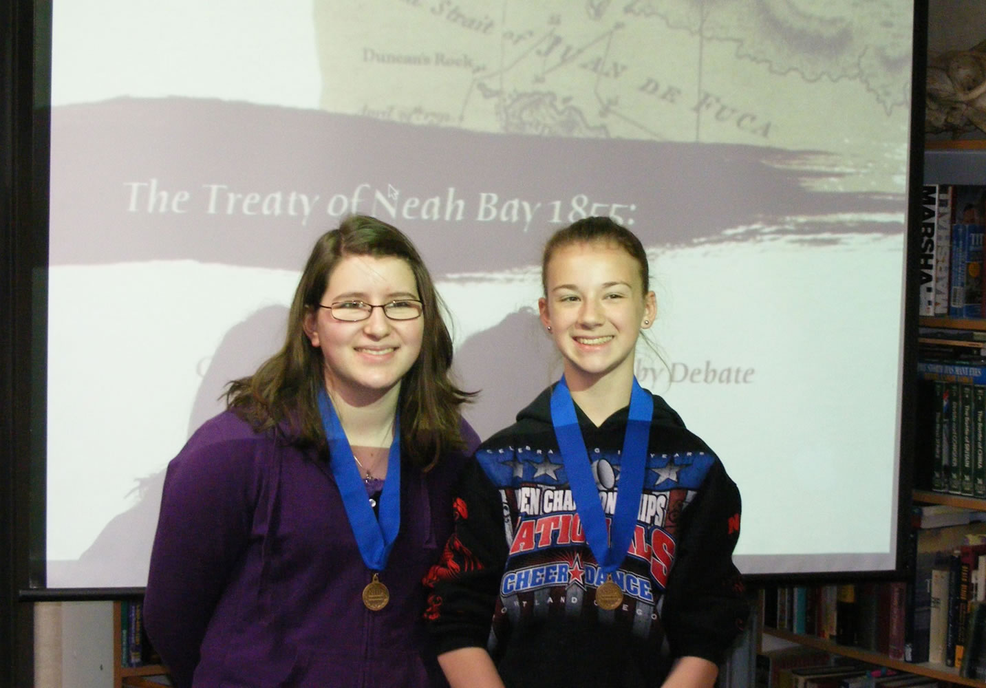 Pleasant Valley Middle School eighth-graders Jessi Shelton, left, and Mercedes McLeod earned fourth place in the documentary category of the National History Day competition in College Park, Md.