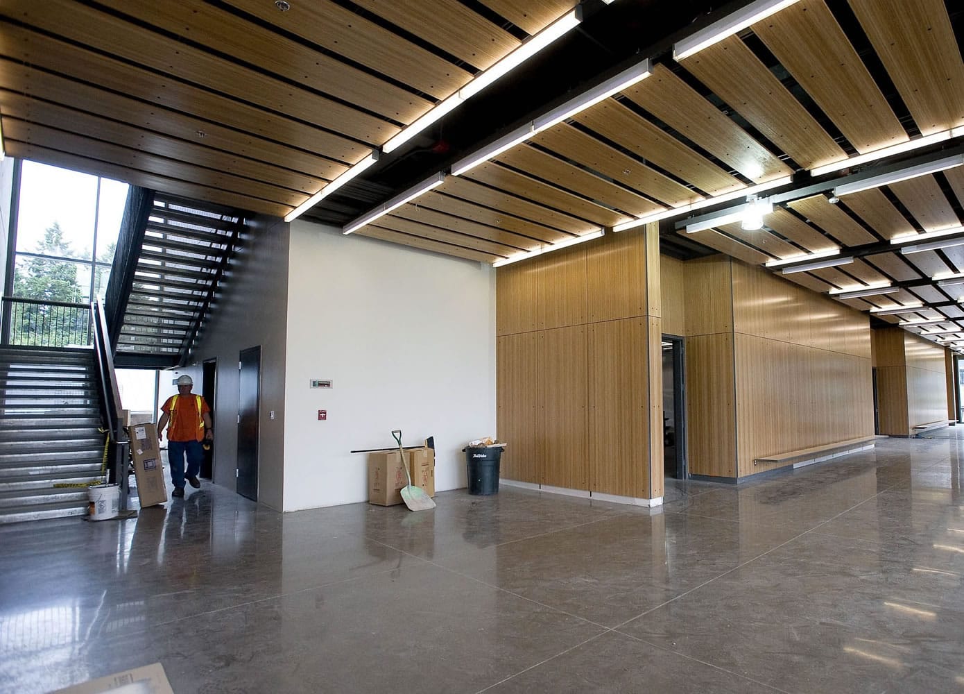 A view of the main lobby inside the new Engineering &amp; Computer Science Building at Washington State University Vancouver, which is nearing completion.