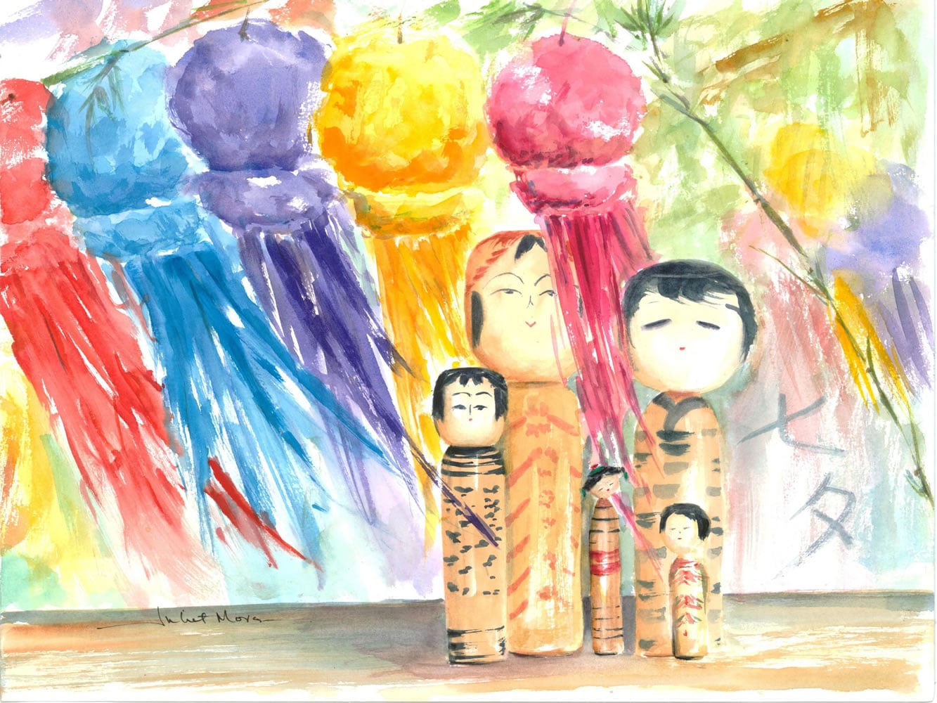 &quot;Tanabata Kokeshi,&quot; watercolor by Art on the Boulevard artist Juliet Moran.
