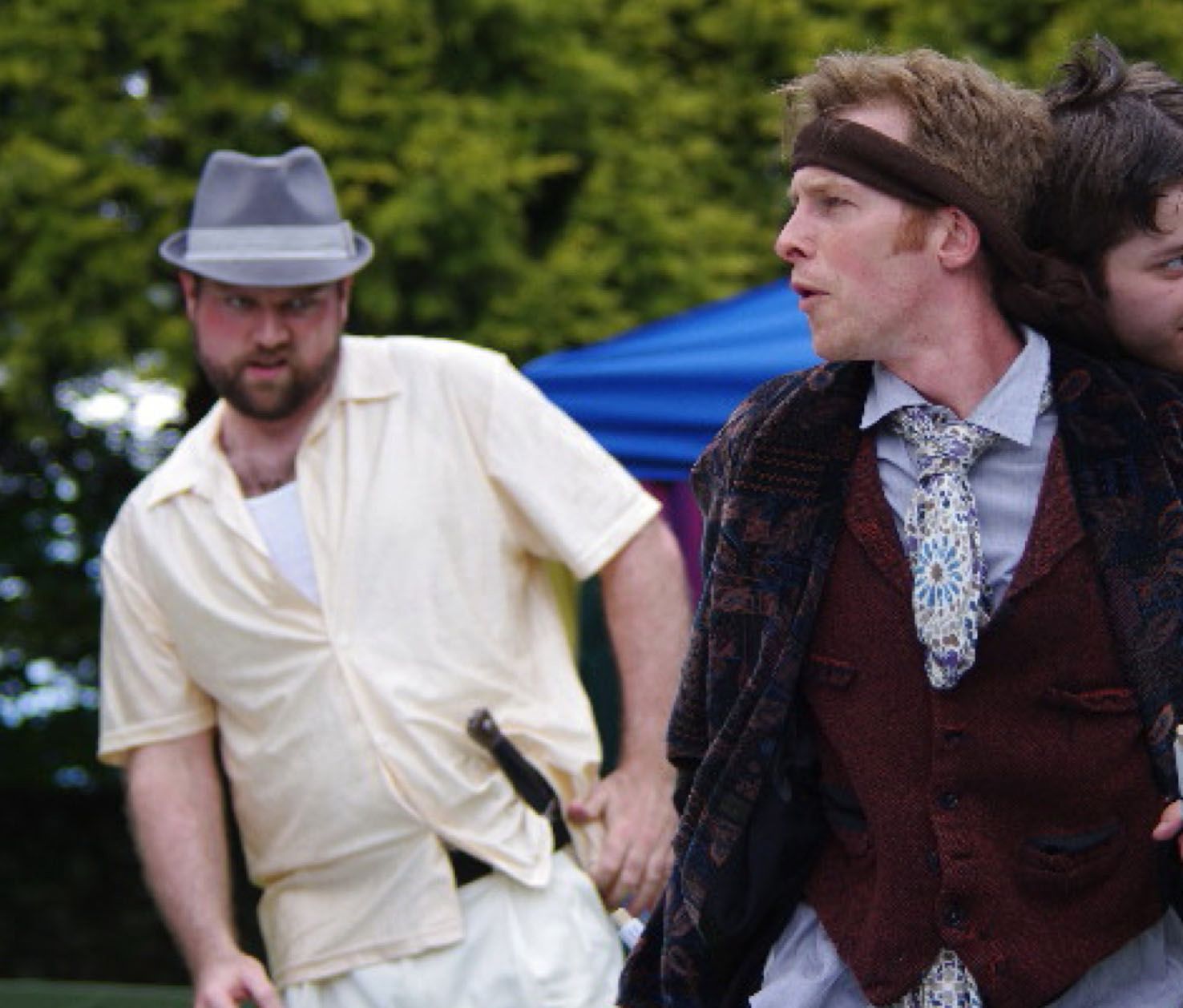 Tom Mounsey, from left, plays Sir Toby Belch opposite Andrew Bray as Feste the Clowne and Noah Goldenberg as Sir Andrew Aguecheek in an Original Practice Shakespeare Festival production of &quot;Twelfe Night.&quot;