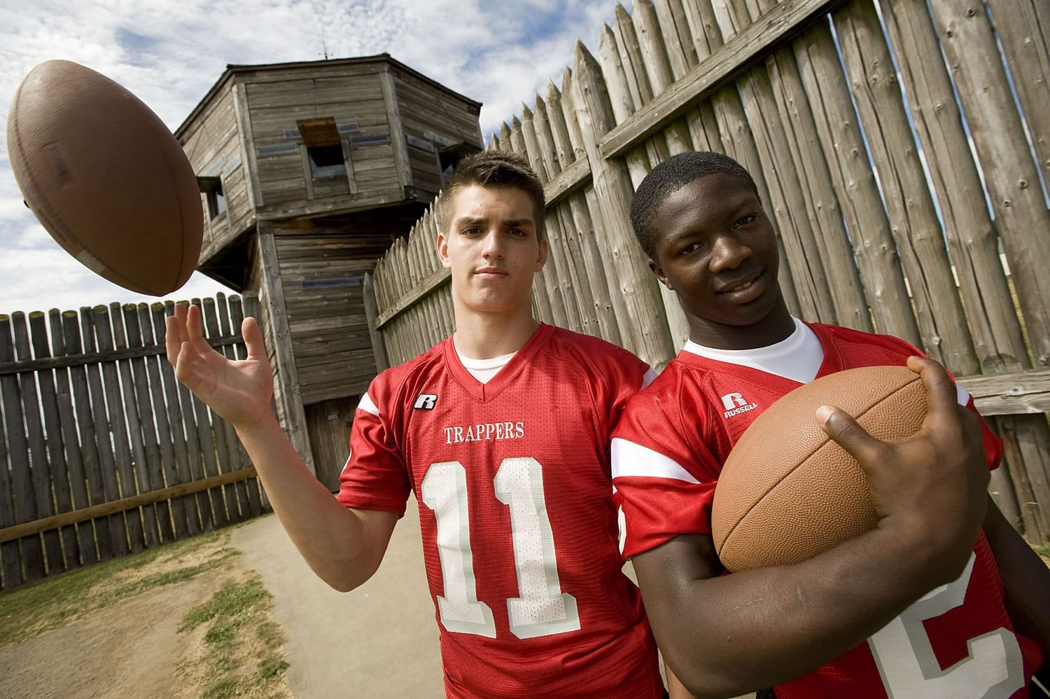 Fort Vancouver's Jordan Vela, left, and Abdul Conteh, photographed at the Fort Vancouver National Historic Site, are splitting up from running in the same backfield last season.