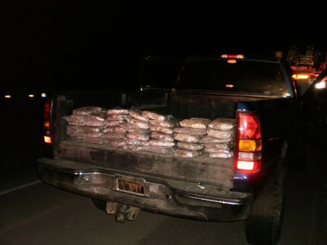 The Oregon State Police called in firefighters who, with heavy saws, cut into a pickup's false bed and found 40 pounds of marijuana.