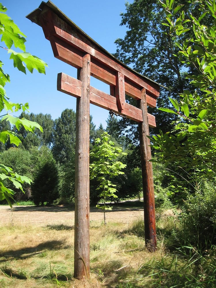 This torii, a Japanese-style gateway that marks the passage from an ordinary space to a special spot, is all that's left of somebody's garden in what has since become Pleasant Valley Park.