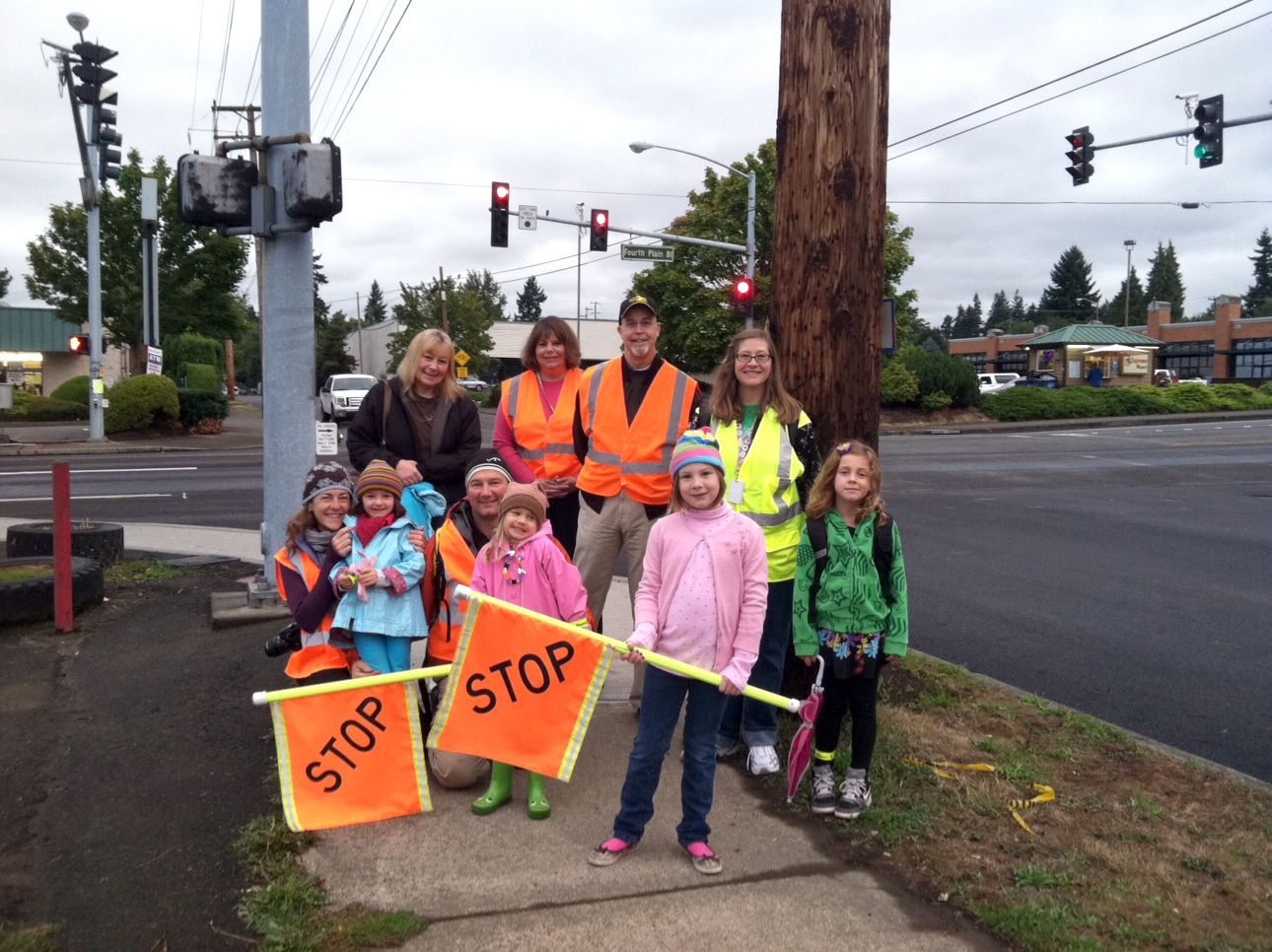 Hough neighbors, students and families walked to school Oct. 5 on International Walk to School Day. Front row, from left: Lisa Giacchino with Isabel, Eric Giacchino and Sophie, Lillia Browning and Maddy Pellico. Back row, from left: Kim Block, Anne Johnston, Rep.