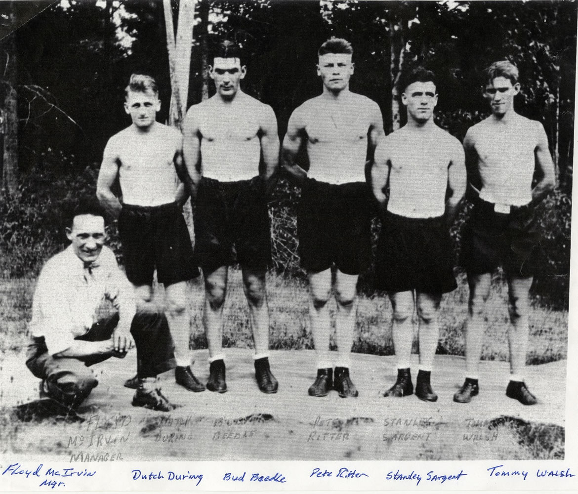 Mac's Stable: From left, manager Floyd McIrvin (kneeling), Dutch Douring, Bud Beedle, Pete &quot;The Mighty Mauler&quot; Ritter, Stanley Sargent and Tommy Walsh.