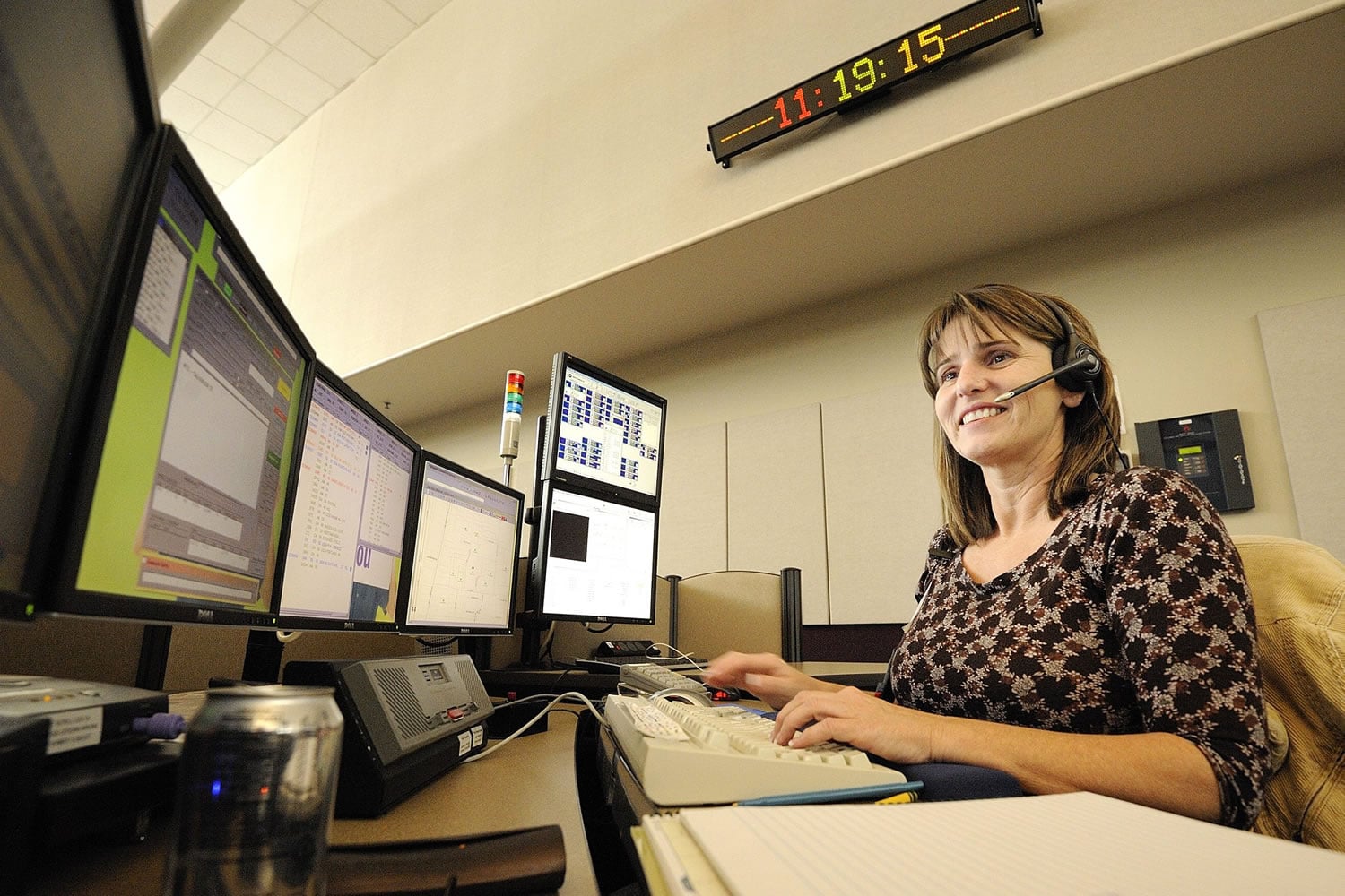 Jolee Mercer, a Clark Regional Emergency Services Agency dispatcher, Tuesday handles calls for the Clark County Sheriff's Office, BNSF Railway, and the police forces of Camas, Washougal, Ridgefield, La Center and Battle Ground.