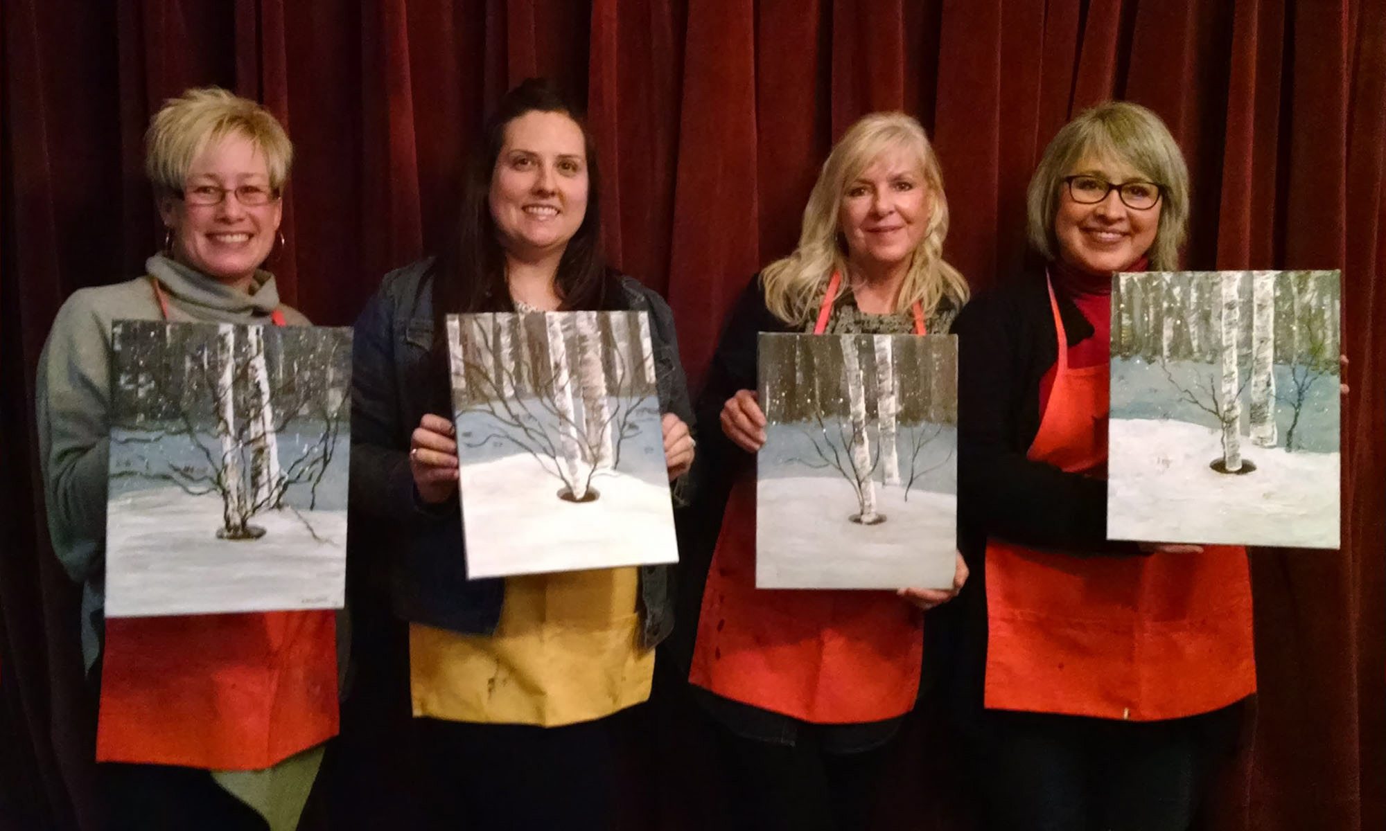 Classes of up to 20 people come away with as many variations of the same painting at Sharon’s Paint and Pour classes. Birch Trees in the Snow was the subject at Main Event East recently.