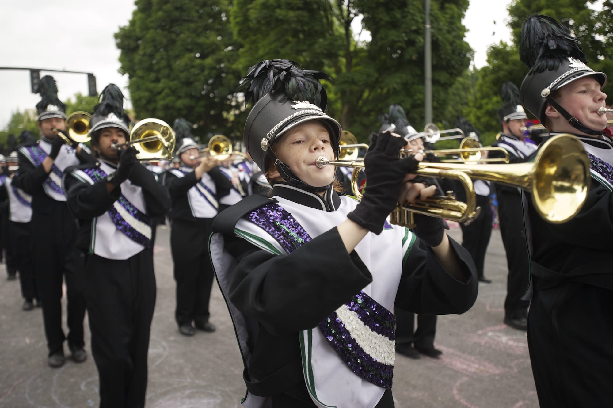 The Heritage High School band won its division -- out of state band with 100 or more members -- Saturday at the Rose Festival Grand Floral Parade in Portland.