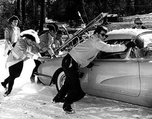 Roger Hart, upper right, and Paul Revere &amp; the Raiders help Dick Clark push his Corvette on a snowy road at California's Big Bear ski resort in 1965, during filming of &quot;Where the Action Is.&quot;
