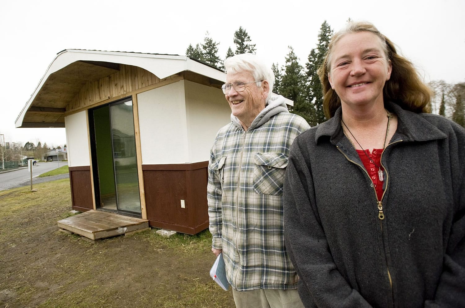 Retired builder Bill Barkley enlisted Shanin Zachman, a formerly homeless mom, to help him build this small prototype of an insulated single-room dwelling.