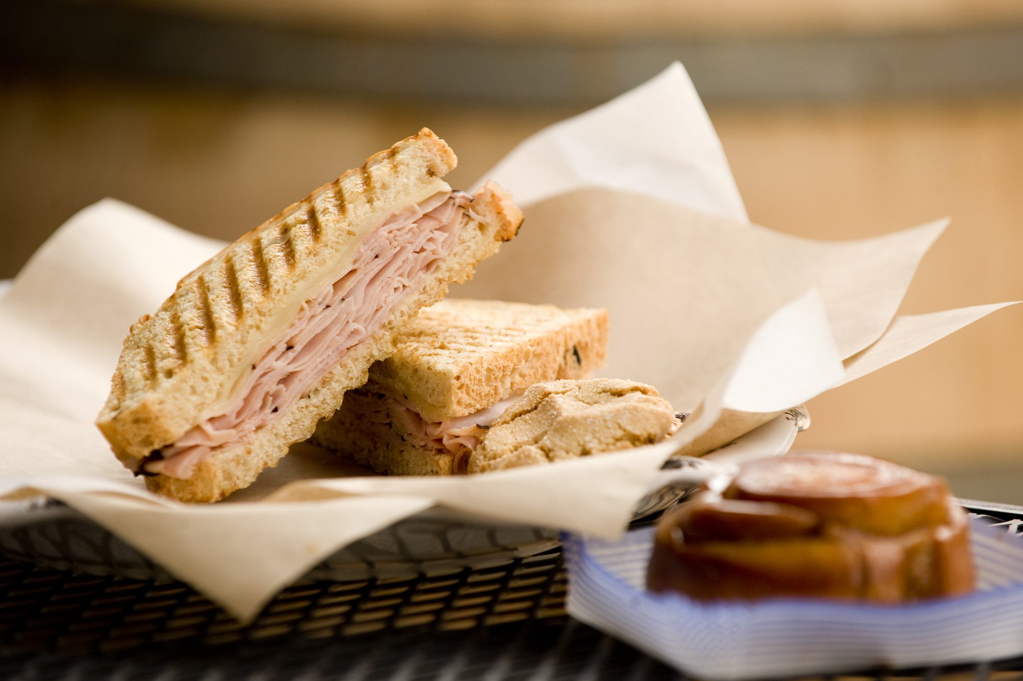 The Ham and Swiss Panini and Kahlua Cinnamon Roll at Bleu Door Bakery are both worth repeat orders.