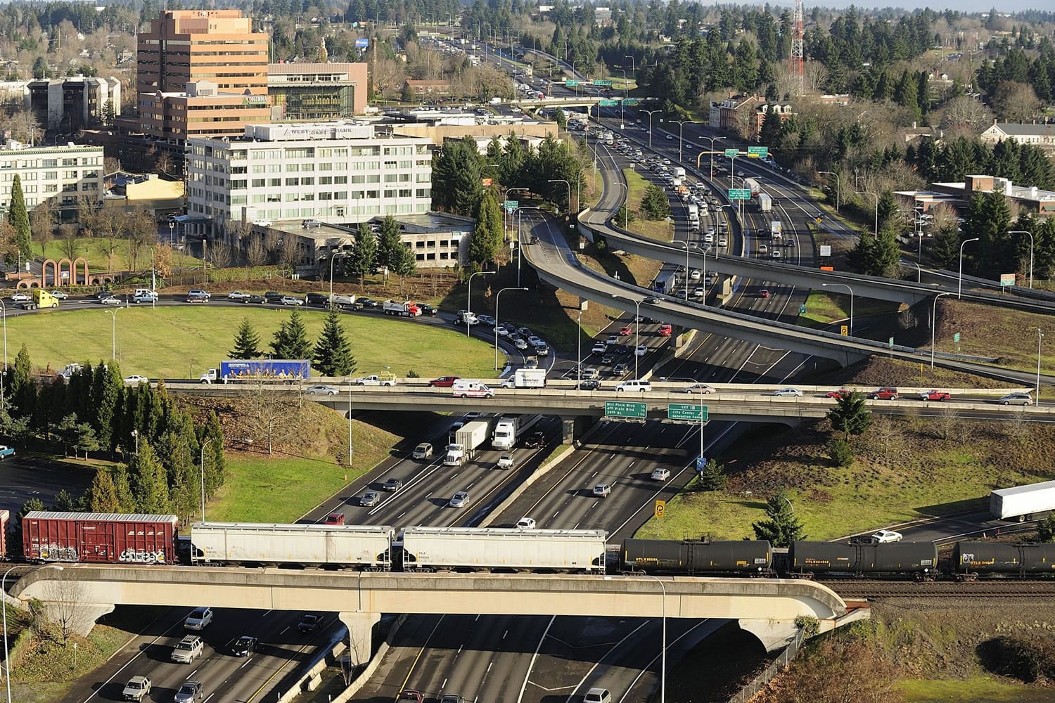 Traffic heads south toward Portland on Interstate 5 just north of the bridge in downtown Vancouver.