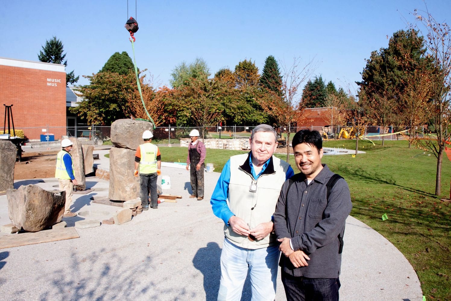 Central Park: Former Vancouver Mayor Royce Pollard, left, and Scott Murase, designer of the Japanese rock garden at Clark College.