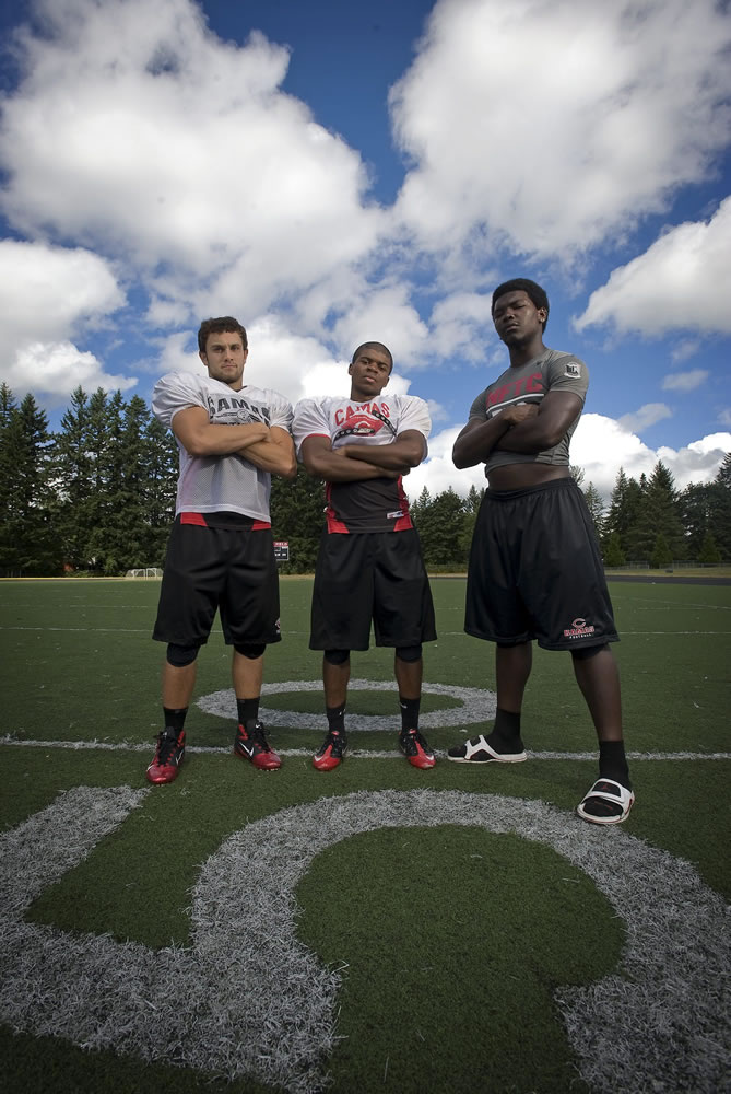 Camas linebacker Kyle Goodnow, left, running back Zack Marshall and defensive lineman Kamari Brown are three senior leaders for a Papermakers team that has high expectations.