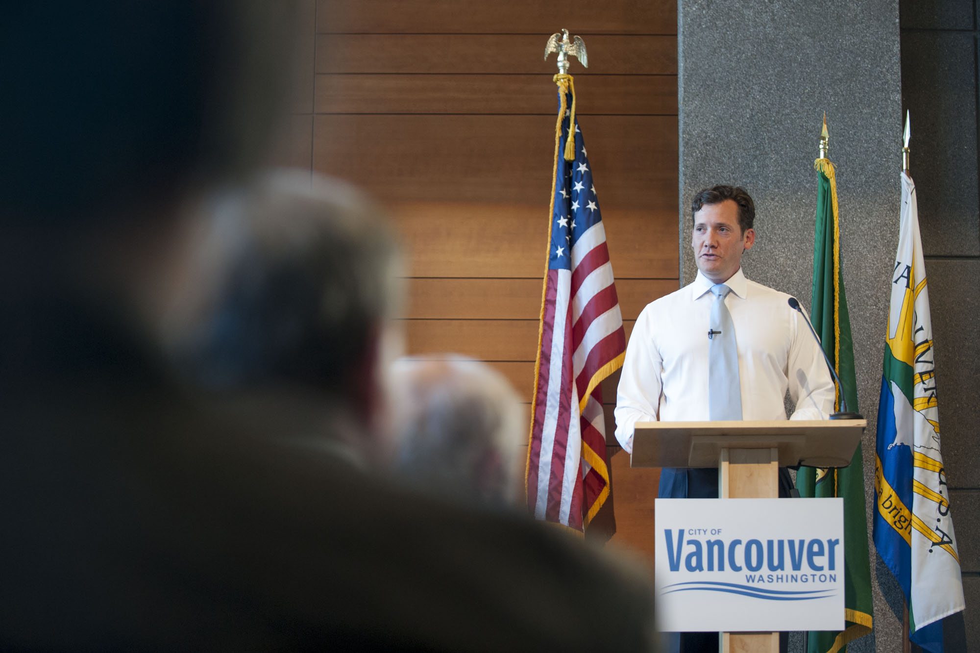 Vancouver Mayor Tim Leavitt delivers his annual State of the City speech in March. Leavitt said Sunday that he fell victim to a vehicle prowl over the weekend while he was in Portland visiting a friend.