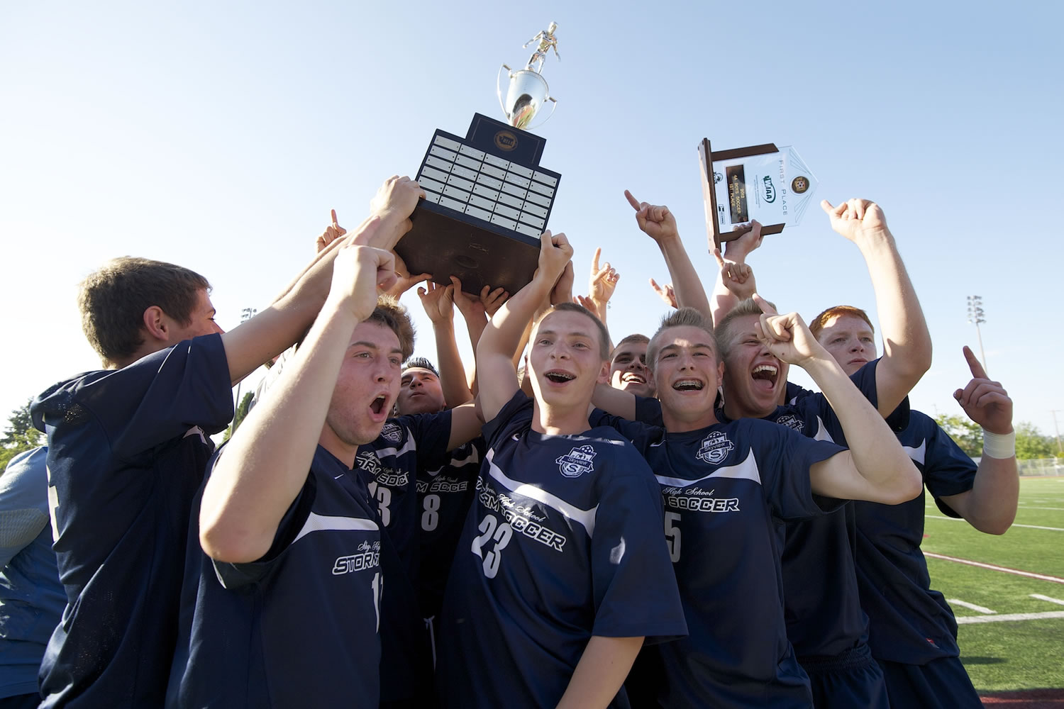 The Skyview High School boys soccer team hoist the 4A State Soccer Championship trophy Saturday May 26, 2012 at Carl Sparks Stadium in Puyallup, Washington.