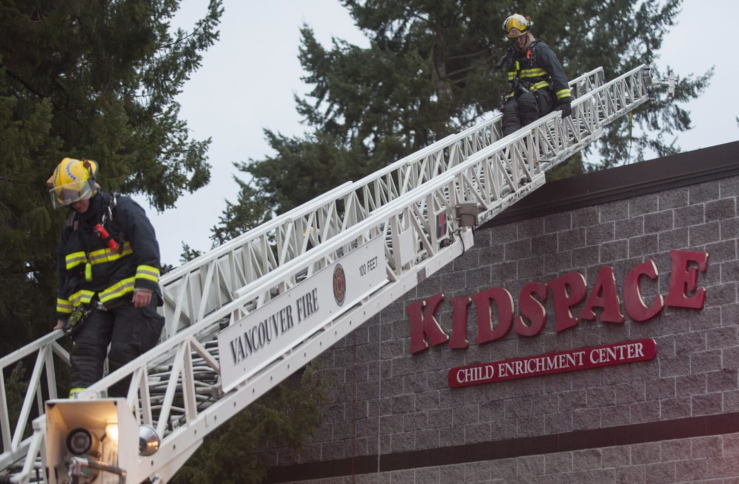 The Vancouver Fire Department responds Wednesday to a fire reported at the Kidspace Child Enrichment Center near Vancouver Mall.