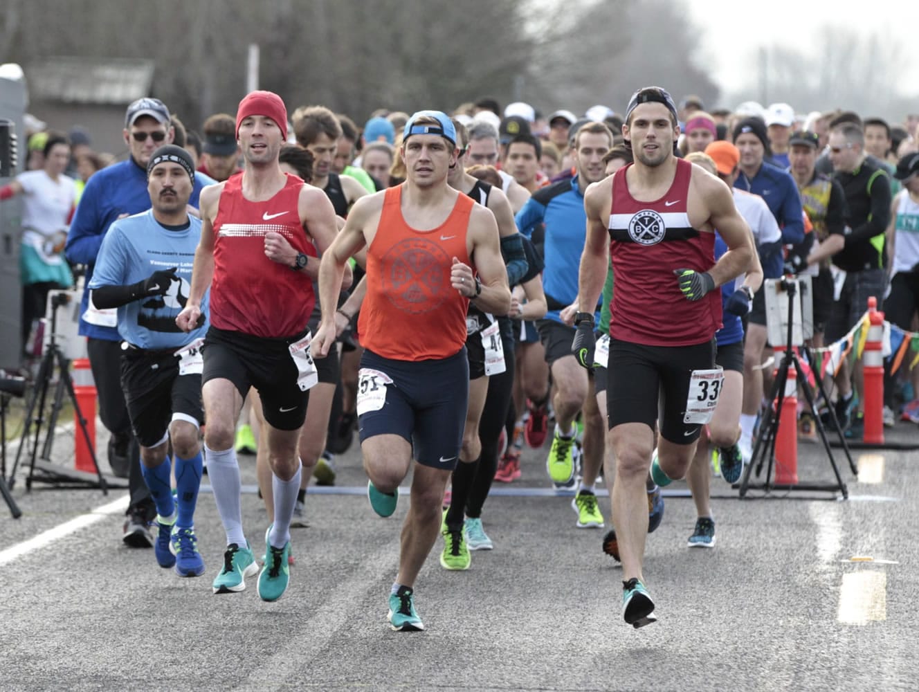 Left to right, Peter Bromka, Patrick Reaves and Chris Platano at the start of the Vancouver Lake Half Marathon.