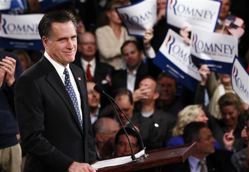 Republican presidential candidate, former Massachusetts Gov. Mitt Romney, celebrates his New Hampshire primary election win in Manchester, N.H., Tuesday, Jan. 10, 2012.