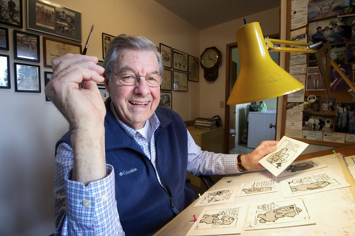 Retired Columbian staff artist Jim Shinn, in his Vancouver studio, was part of the big buildup 50 years ago when Packy the elephant was born at the Oregon Zoo.