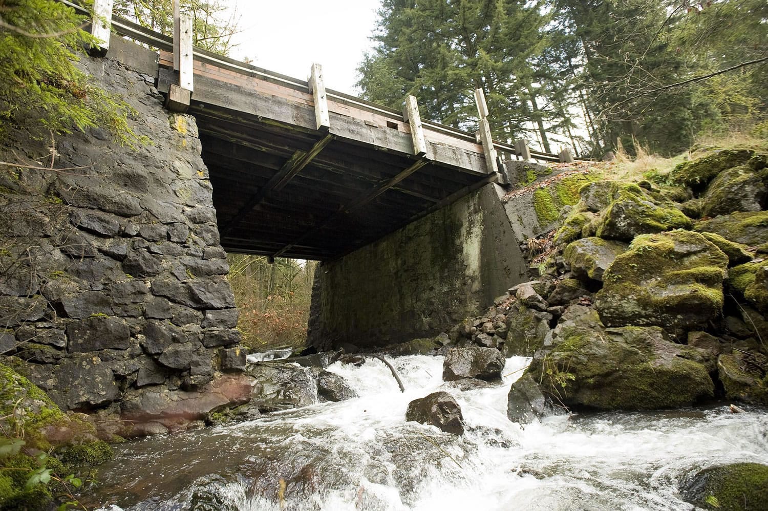 The Cougar Creek Bridge outside Washougal is slated for removal and replacement this summer. The short span, built in 1935, is one of only two remaining wooden bridges owned and maintained by Clark County.