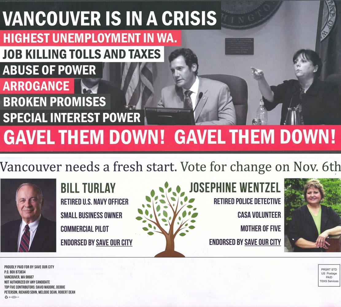 Top: Vancouver residents have received this flier, picturing Mayor Tim Leavitt and Councilor Jeanne Harris, neither of whom are up for election this year.