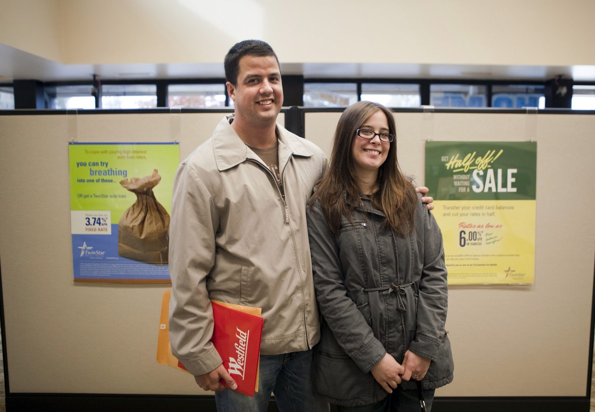 Alyssa and David Paulson of Vancouver visit a Twinstar Credit Union branch where they opened a business account Saturday.