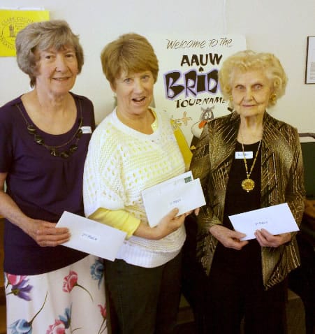 Harney Heights: The winners of AAUW's April 20 bridge tournament were, from left, Retta Dykstra, second place; Joy Fletcher, first place, and Lucille Zgonc, third place.