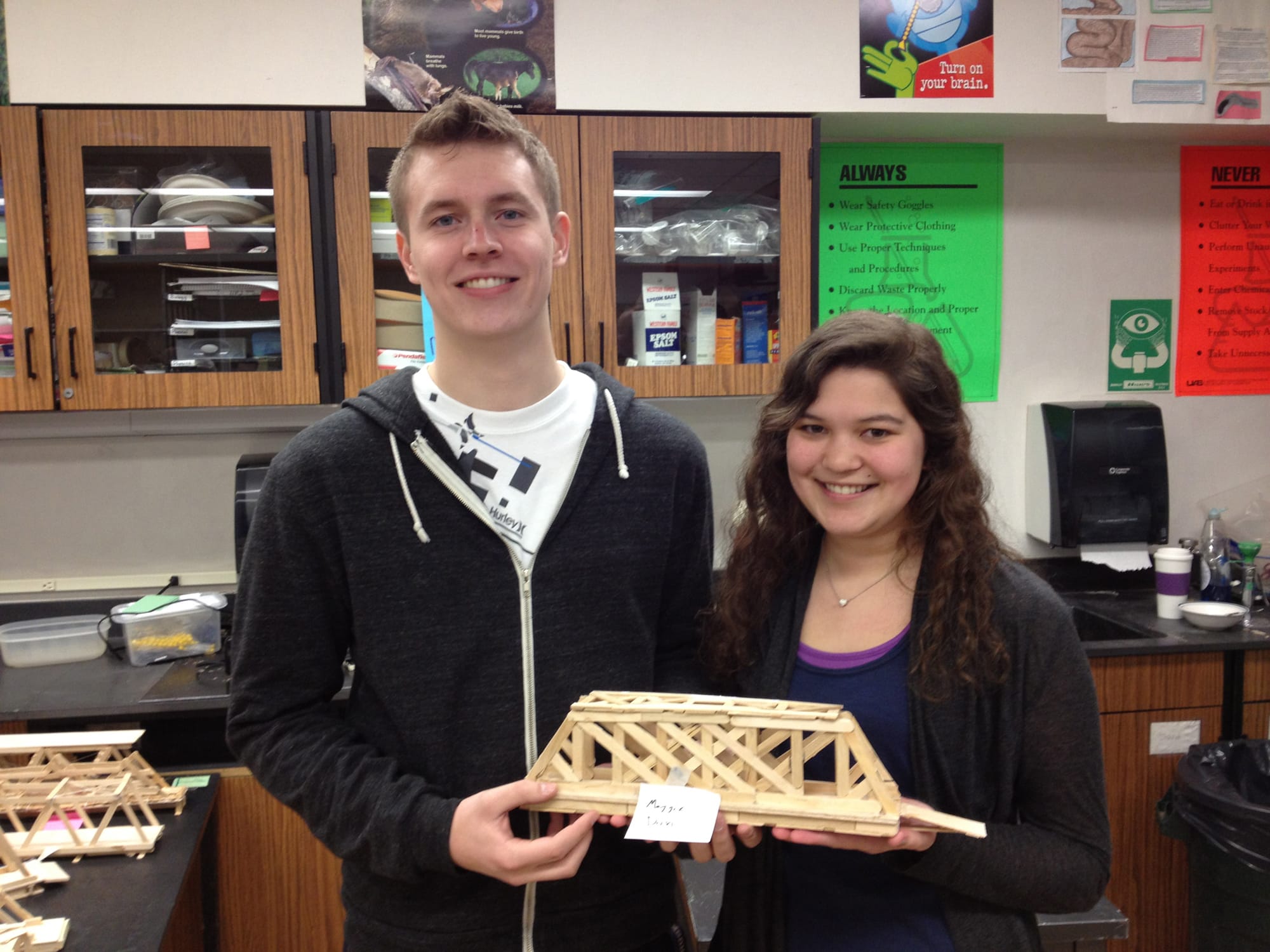 Ridgefield: Daniel Palomaki and Maggie Yaddof won the high school bridge building physics contest with this highly engineered popsickle-stick and balsa-wood creation.