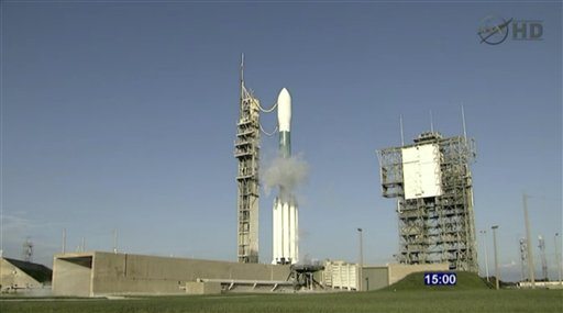This framegrab image from NASA-TV shows the twin GRAIL satellites sitting on launch pad 37-A at the 15-minute hold mark atop a United Launch Alliance Delta II rocket Thursday Sept. 8, 2011. NASA is sending the probes on a long, roundabout trip to the moon. The spacecraft will orbit the moon, chasing one another in circles so researchers can measure the gap and the gravity below. It will be the first lunar mission devoted to studying the insides of the moon. By measuring the entire gravity field of the moon, scientists hope to learn what the moon is made of all the way to its core.