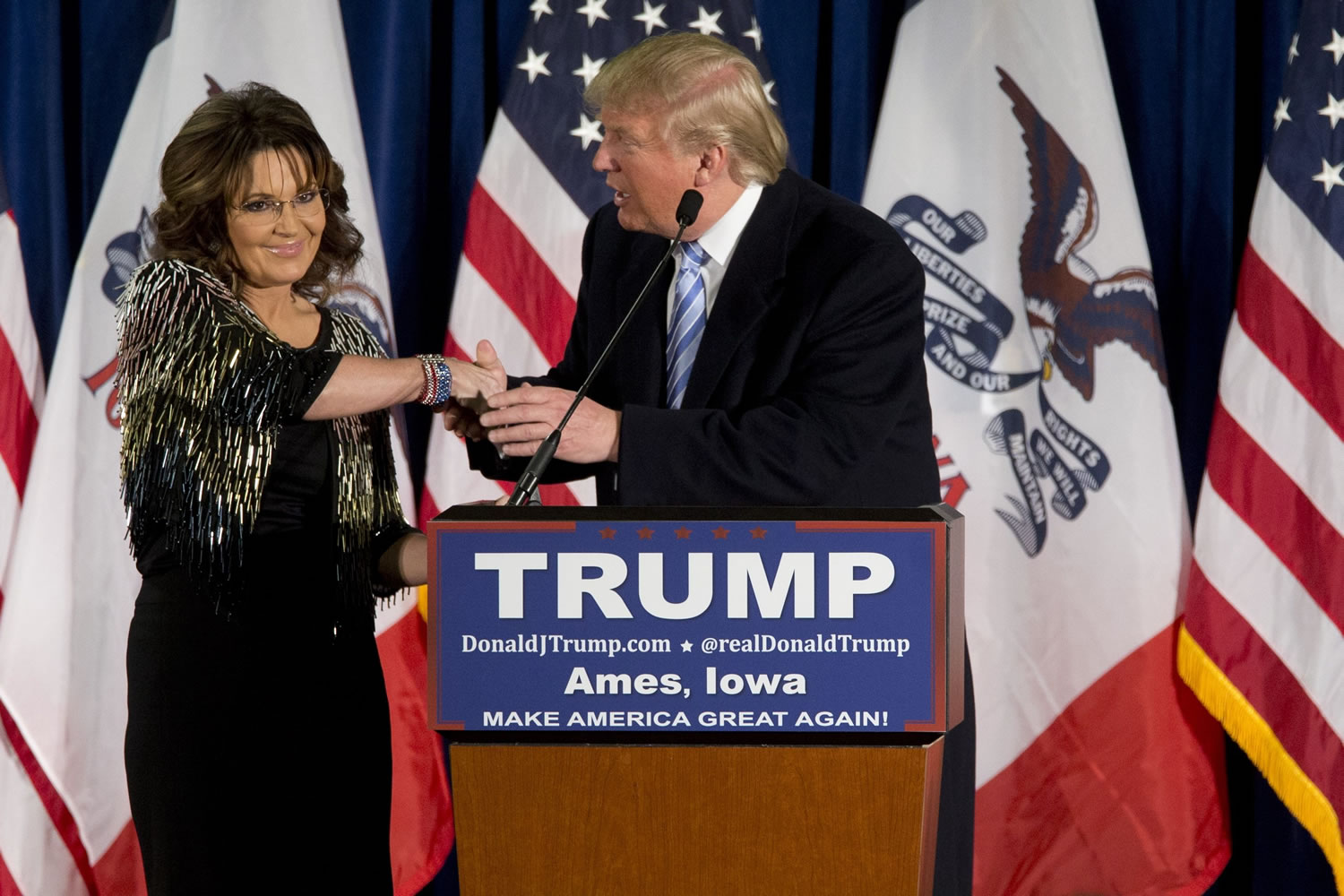 Former Alaska Gov. Sarah Palin endorsed Republican presidential candidate Donald Trump during a rally Tuesday at  Iowa State University in Ames, Iowa.