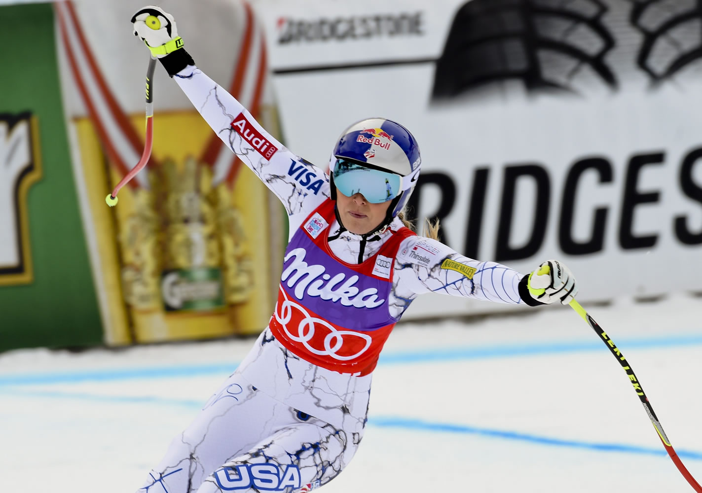 Lindsey Vonn, of the United States, celebrates in the finish area after winning an alpine ski, women&#039;s World Cup downhill, in Altenmarkt-Zauchensee, Austria, Saturday, Jan 9, 2016.