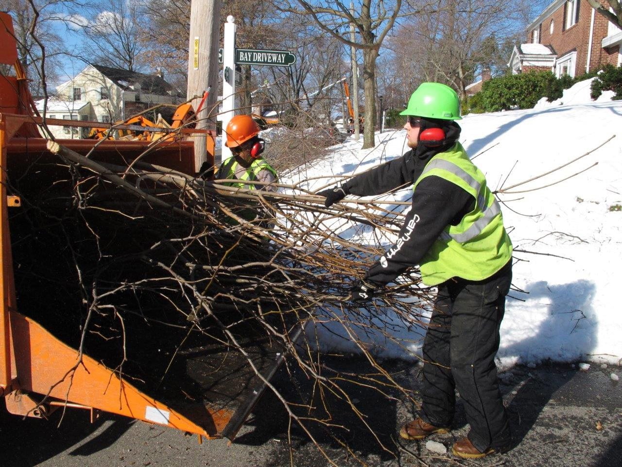 John Gorman, right, and Jose Campos, left, employees of Asplundh Tree Service, feed branches into a wood chipper in Plandome Heights, N.Y. The electric utility PSEG Long Island hires contractors such as Asplundh to perform tree trimming annually on trees in an effort to prevent power outages during snowstorms and other severe weather.