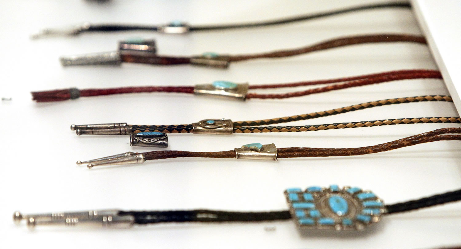 A selection of Zuni and Navajo bolo ties at the new exhibit on the neckwear at the Heard Museum in Phoenix.