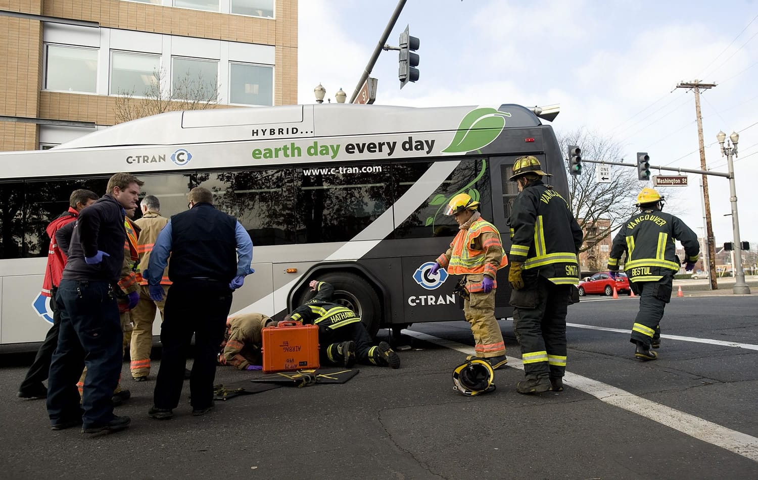 Police, firefighters and paramedics respond to a fatal accident involving a pedestrian and a C-Tran bus at the intersection of 8th Street and Washington Street in downtown Vancouver.