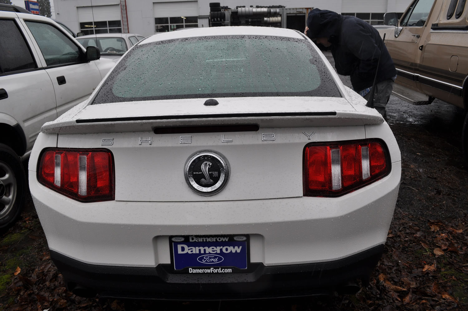 A police detective peers in the window of a 2012 Ford Shelby Mustang allegedly stolen, along with 200 new car keys, by a Vancouver man.
