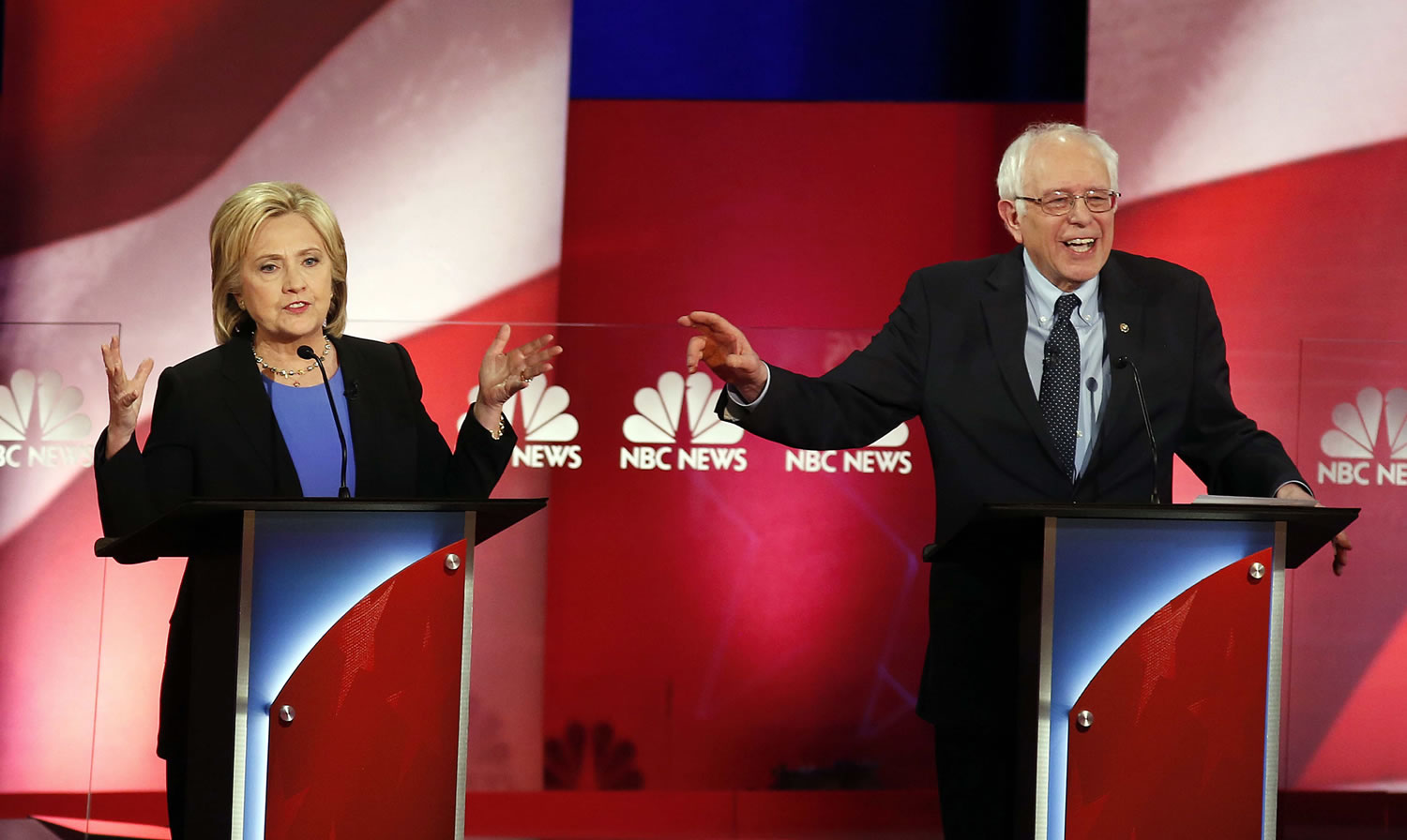 Democratic presidential candidates, Hillary Clinton and Sen. Bernie Sanders, I-Vt. interrupt each other during the NBC, YouTube Democratic presidential debate at the Gaillard Center on Sunday in Charleston, S.C.